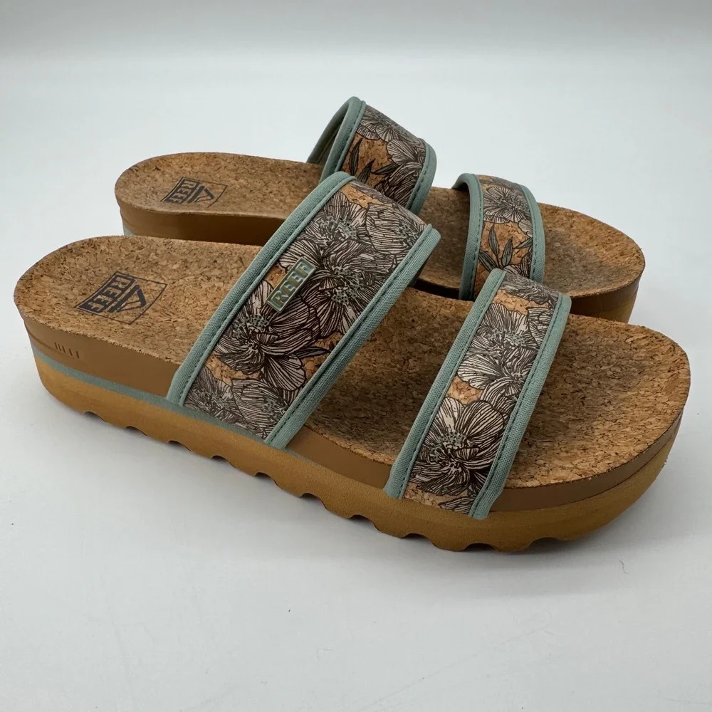 Reef Cushion Vista Hi Sandals 8 Floral Cork Platform Slides Sage Granola Earthy